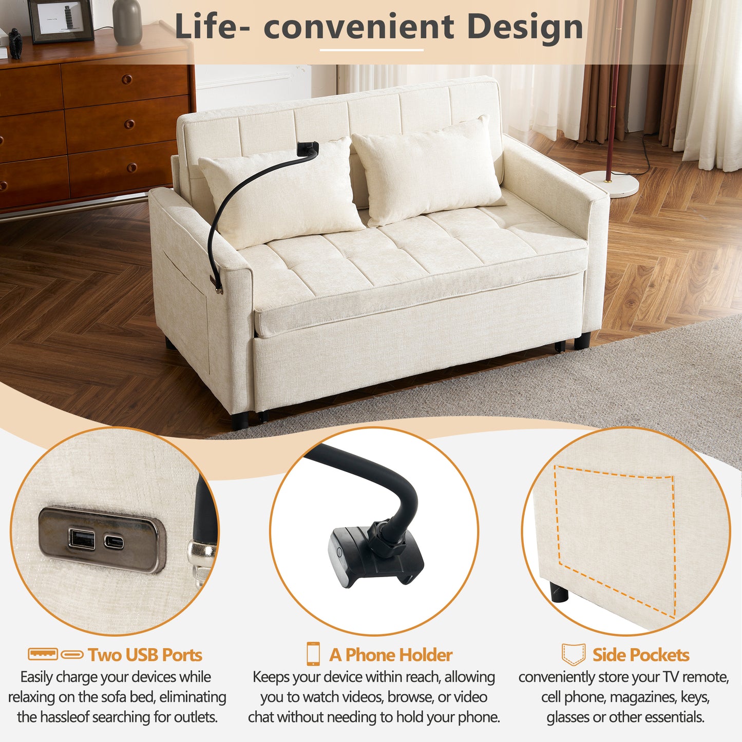 56.9" Loveseat Sofa Pull-out Sofa Bed Sleeper Sofa with a Reversible Backrest Cushion, Side Pockets, Two USB Ports and a Phone Holder for Living Room, Beige