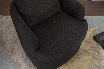 035-Boucle Fabric Swivel Accent Chair With Soild Wood Round Brown Base Leg,Black