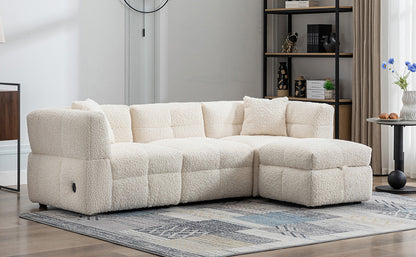 87.7" Sectional Sofa Cozy Teddy Fleece Fabric Sectional Sofa Couch with Two USB Ports a Movable Storage Ottoman and Two Lumbar Pillows for Living Room, Creamy White