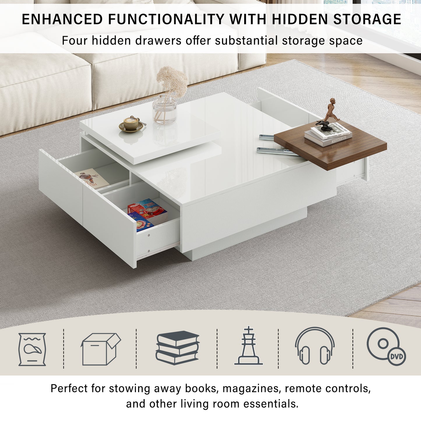 U-Can Movable Top Coffee Table, Modern Square Wood Coffee Table with High Gloss finish, 4 Hidden Storage Drawers for Living Room