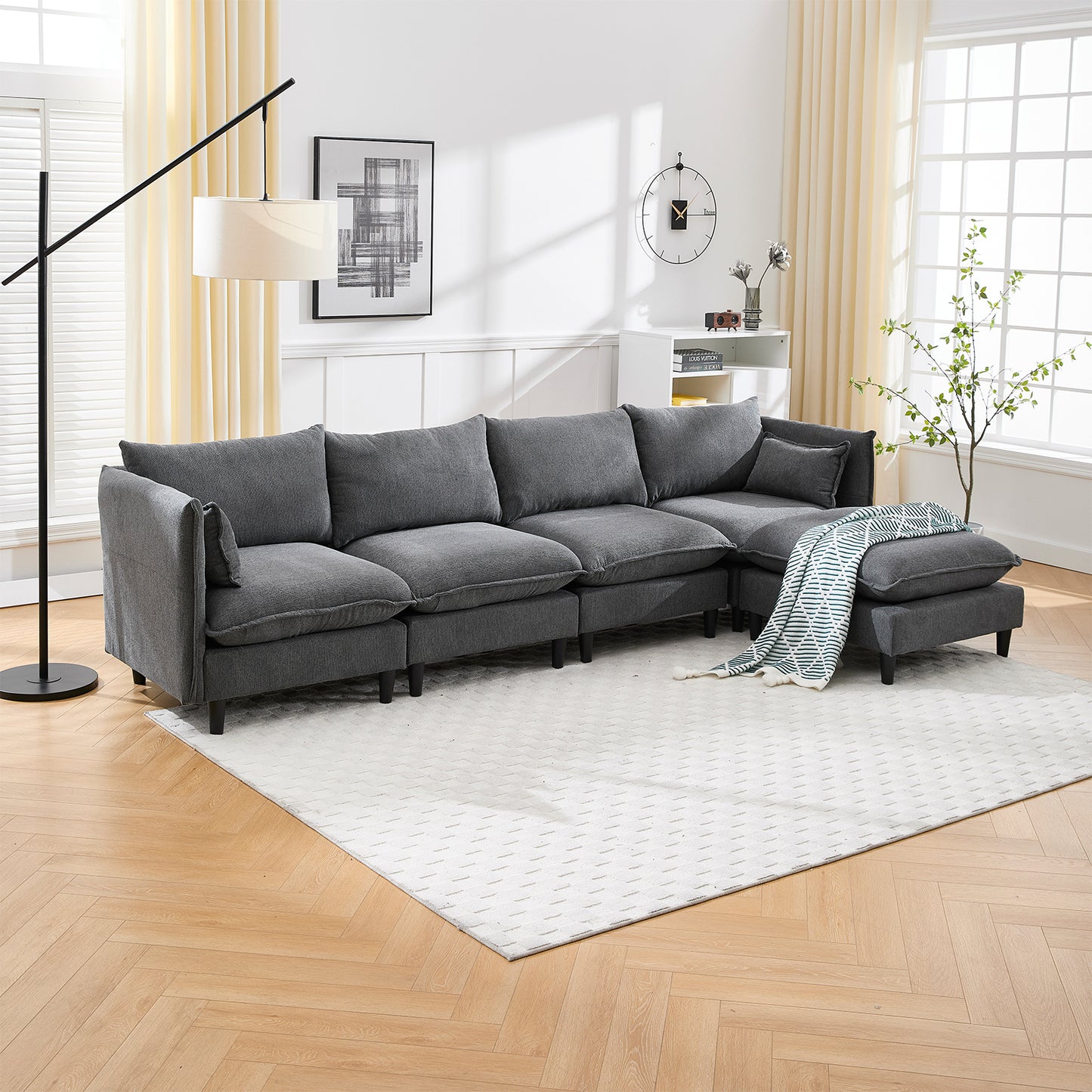 Modular Sectional Sofa,  L Shaped Couch Set for Living Room, 4-Seater Comfy Cloud Couches with Movable Ottoman Dark Grey