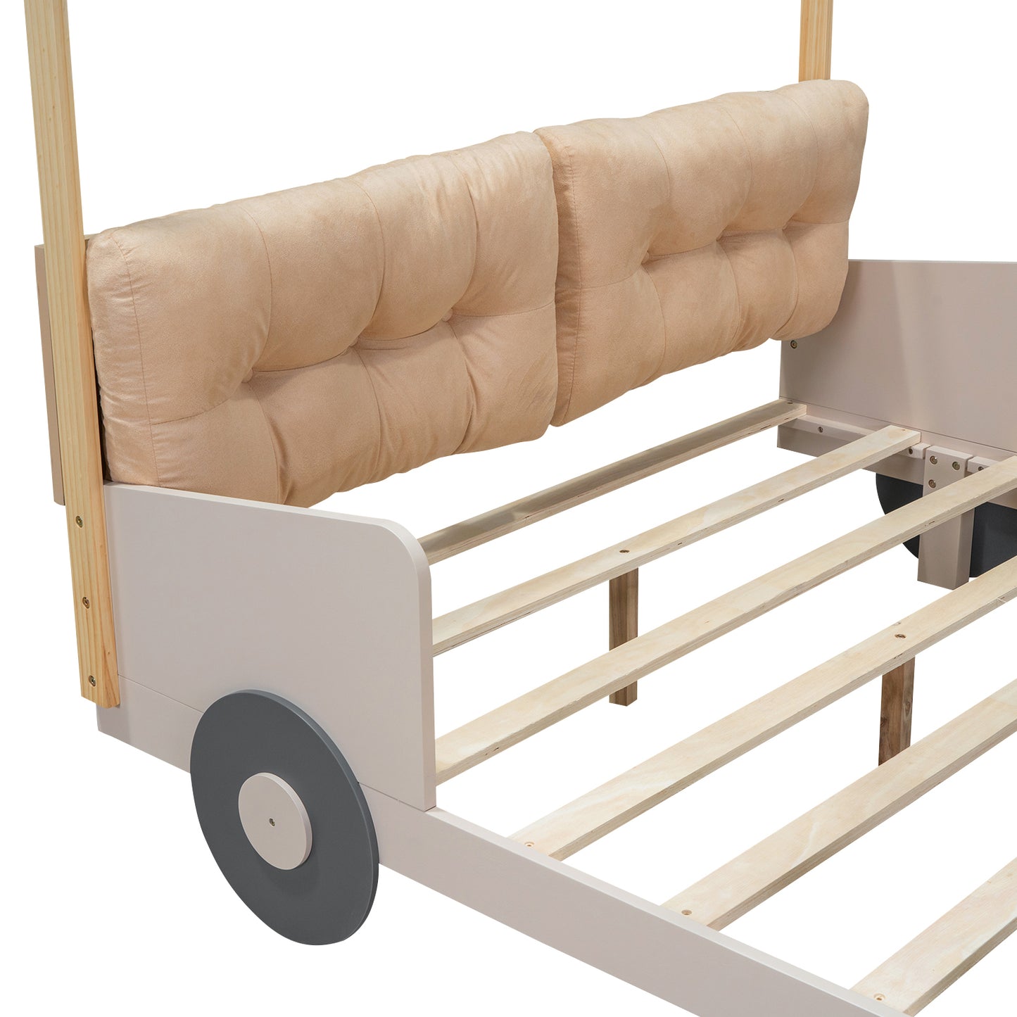 Wood Full Size Car Bed with Pillow, Ceiling Cloth and LED, Natural