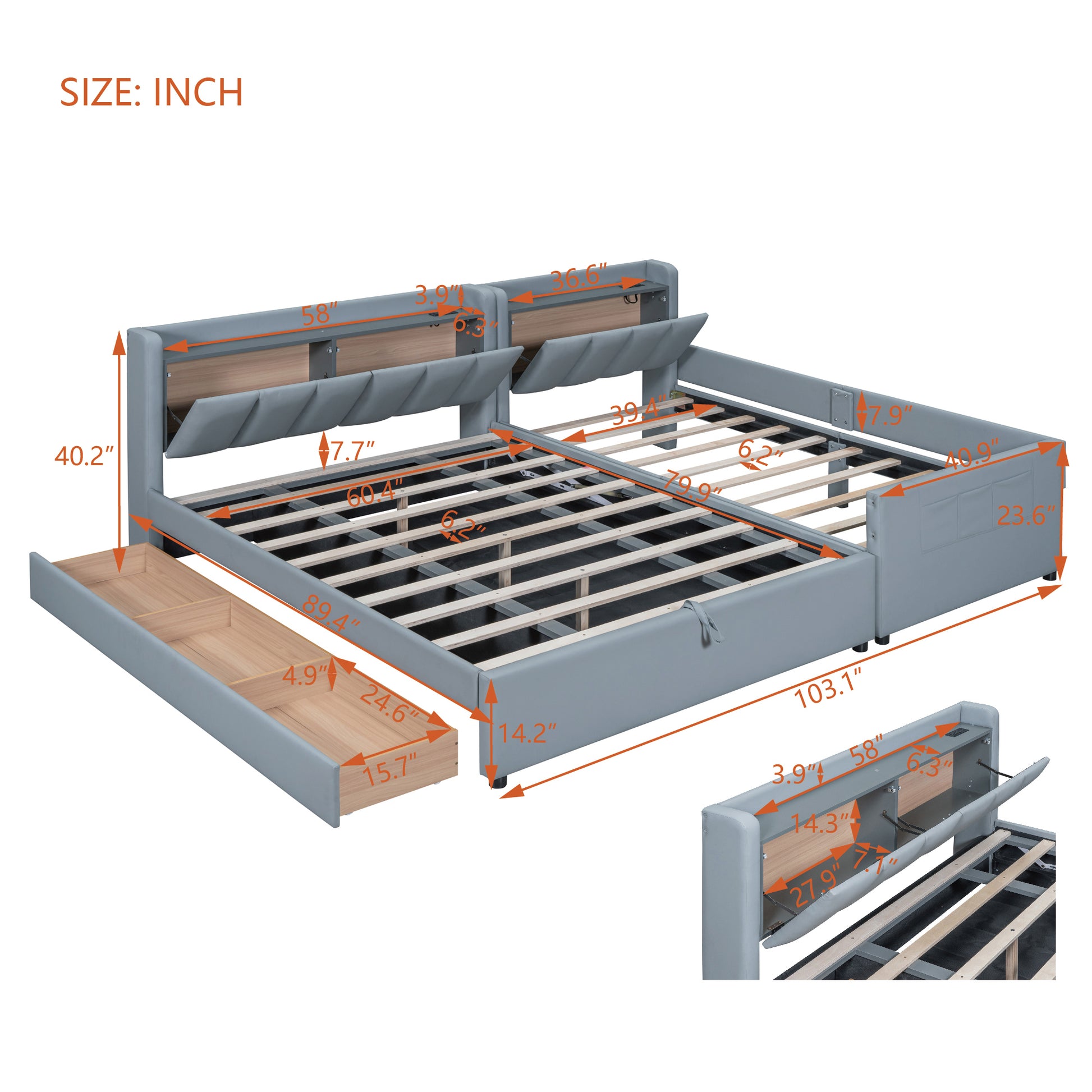 Queen Size & Twin XL Size Upholstered Platform Bed, Mother & Child Bed with Hydraulic Storage System, Drawer Box, Bedhead storage shelf and Two pairs of sockets & USB Ports, PU Leather, Gray