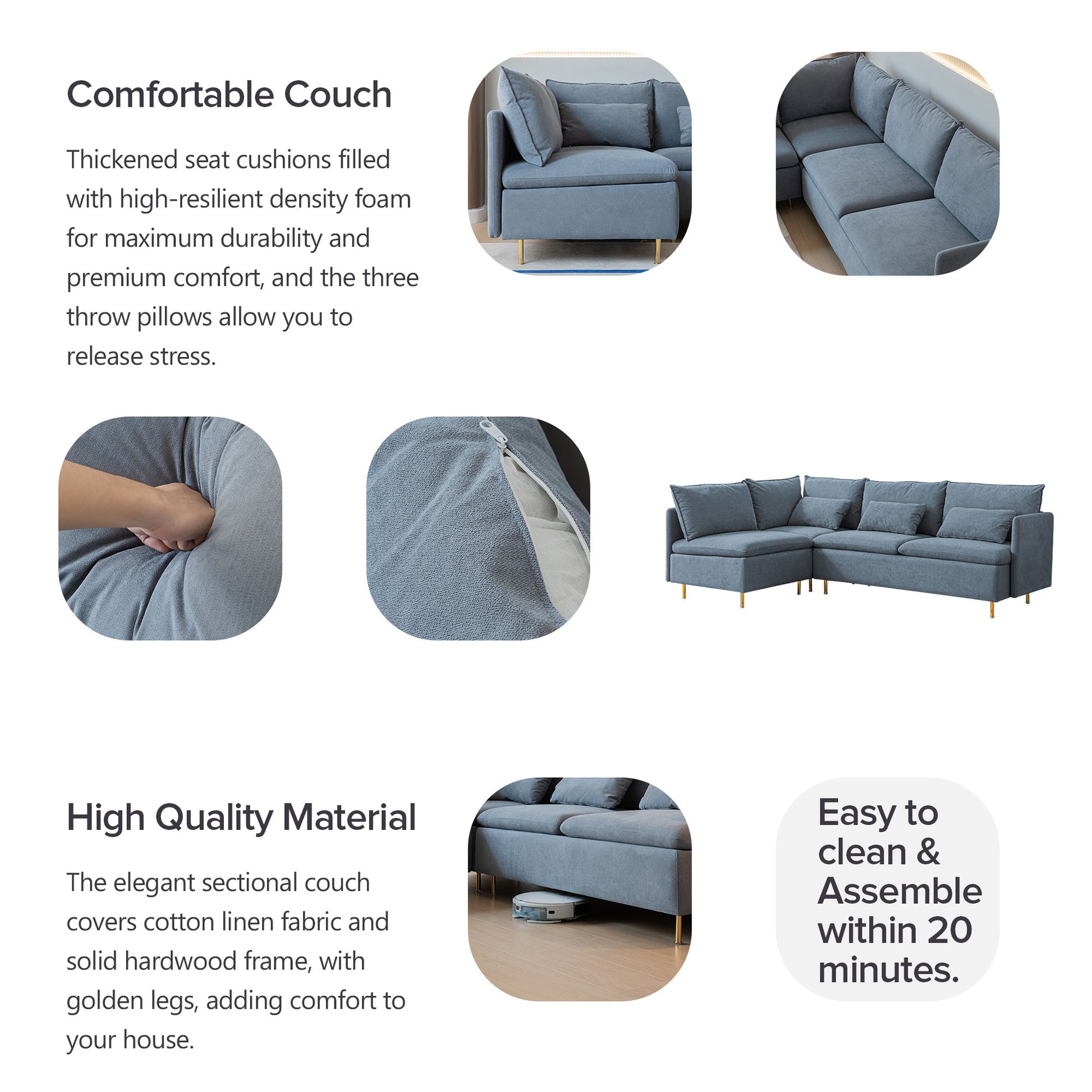 Modular L-shaped corner sofa, movable chaise facing left/right, Grey cotton-linen -90.9 inches