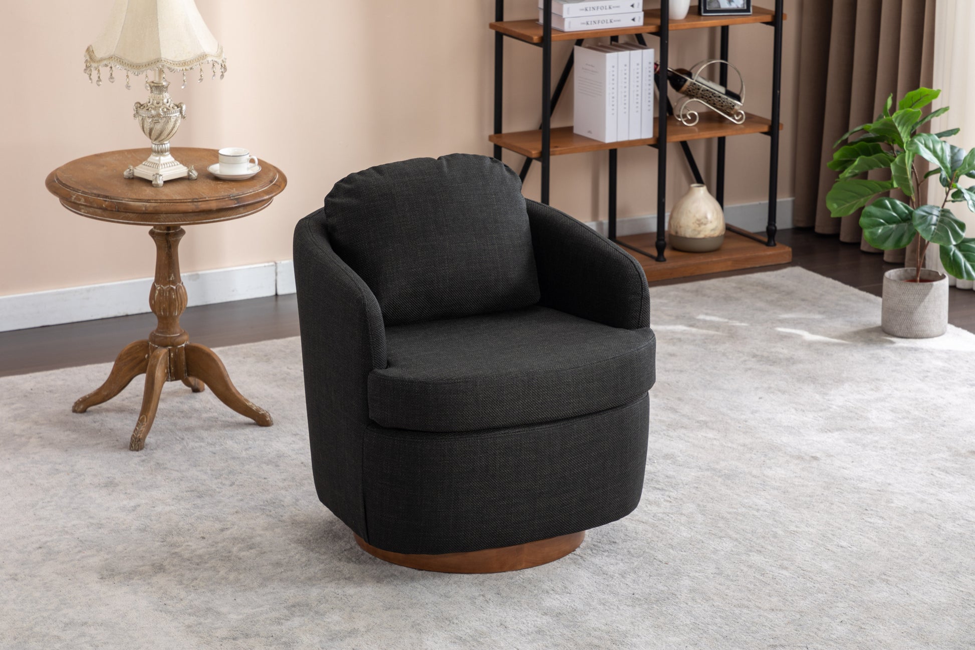 035-Linen Fabric Swivel Accent Chair With Soild Wood Round Brown Base Leg,Dark Gray