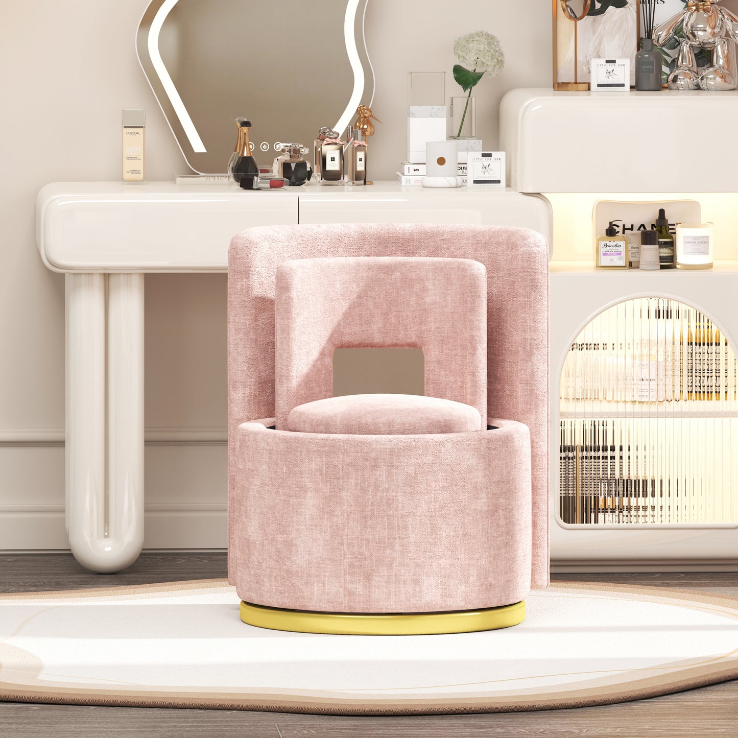 360° Round Swivel Chair with Storage under Seat, Comfy Chair for Living Room Bedroom Reading Room (Pink)