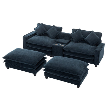 112.6" Sectional Sofa Chenille Upholstered Sofa with Two Removable Ottoman, Two USB Ports, Two Cup Holders and Large Storage Box for Living Room, Blue