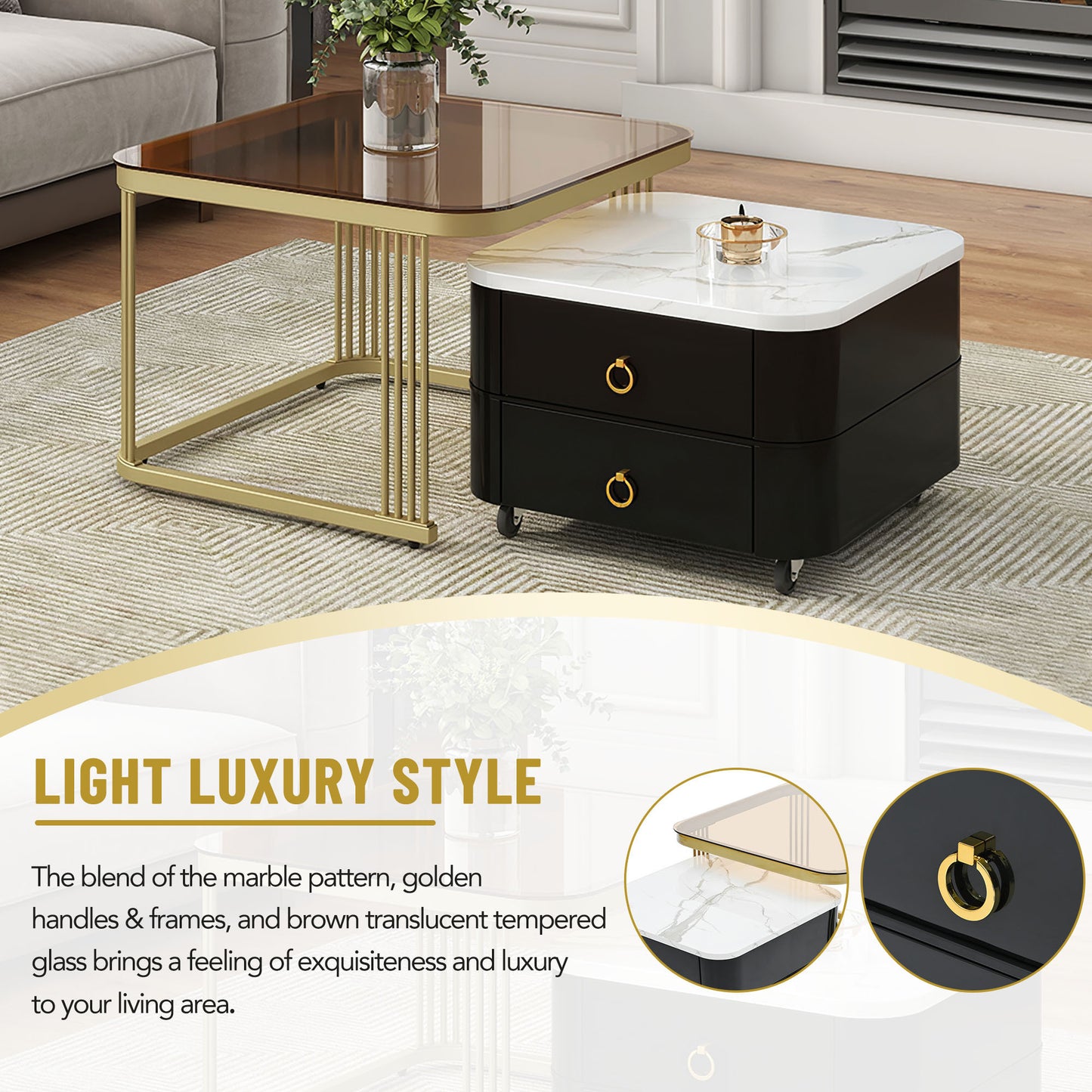 ON-TREND 2-in-1 Square Nesting Coffee Table with Wheels & Drawers, Stackable Side Table with High Gloss Marble Grain Top, End Table Set with Brown Tempered Glass for Living Room, Black