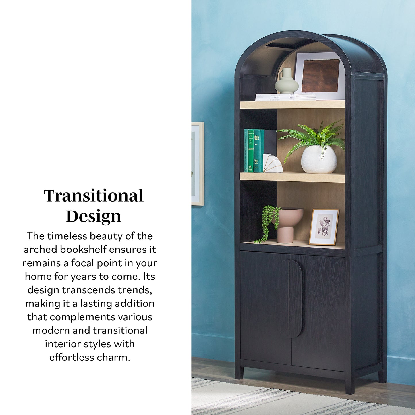 Modern 3 Shelf Open Arched Bookcase Cabinet Oak/Black