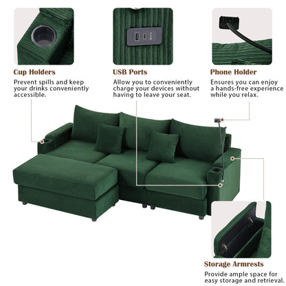 95.3" Modern Style 3-Seater Sofa Sectional Sofa Couch with Storage Space, A Movable Ottoman, Two USB Ports, Two Cup Holders, A Phone Holder for Living Room, Green