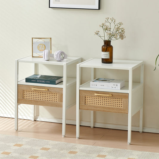 Set of 2, 15.75" Rattan End table with  drawer, Modern nightstand, metal legs,side table for living room, bedroom,white