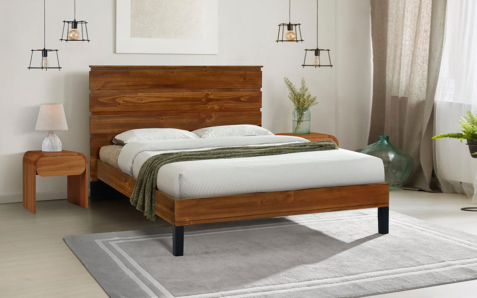 Mid-Century Modern Solid Wood Bed Frame Queen Size Platform Bed with Six-Piece Headboard Design, No Box Spring Needed, Brown