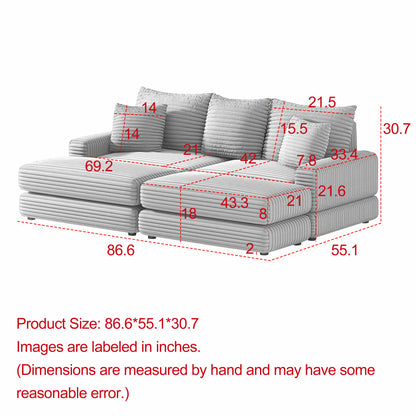 86.6Inch Corduroy 3-seater sofa With 3 back pillows , 2 toss pillows and two ottoman ,Comfy Sofa- Deep Seat Couch for Living Room