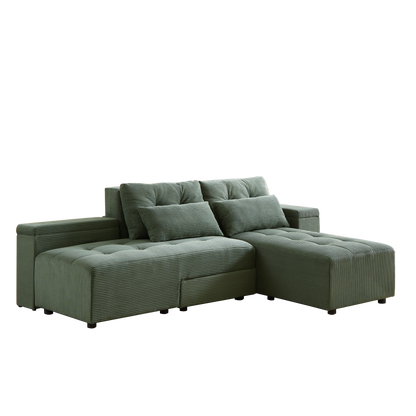 Convertible 3 in 1 Sleeper Sofa and Sectional Sofa with 4 Storage Space for Living Room,Corduroy Couch With 4 pillows,Corduroy