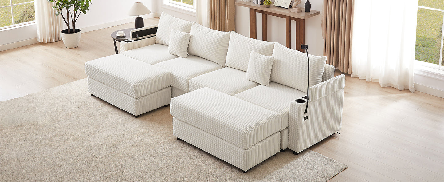 123.2" Modern Style 4-seater Sofa Sectional Sofa Couch with Storage Space, Two Movable Ottomans, Two USB Ports, Two Cup Holders, A Phone Holder for Living Room, Beige