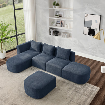 L Shape Sectional Sofa including Two Single Seats, Left Side Chaise and Two Ottomans, Modular Sofa, DIY Combination, Loop Yarn Fabric, Navy