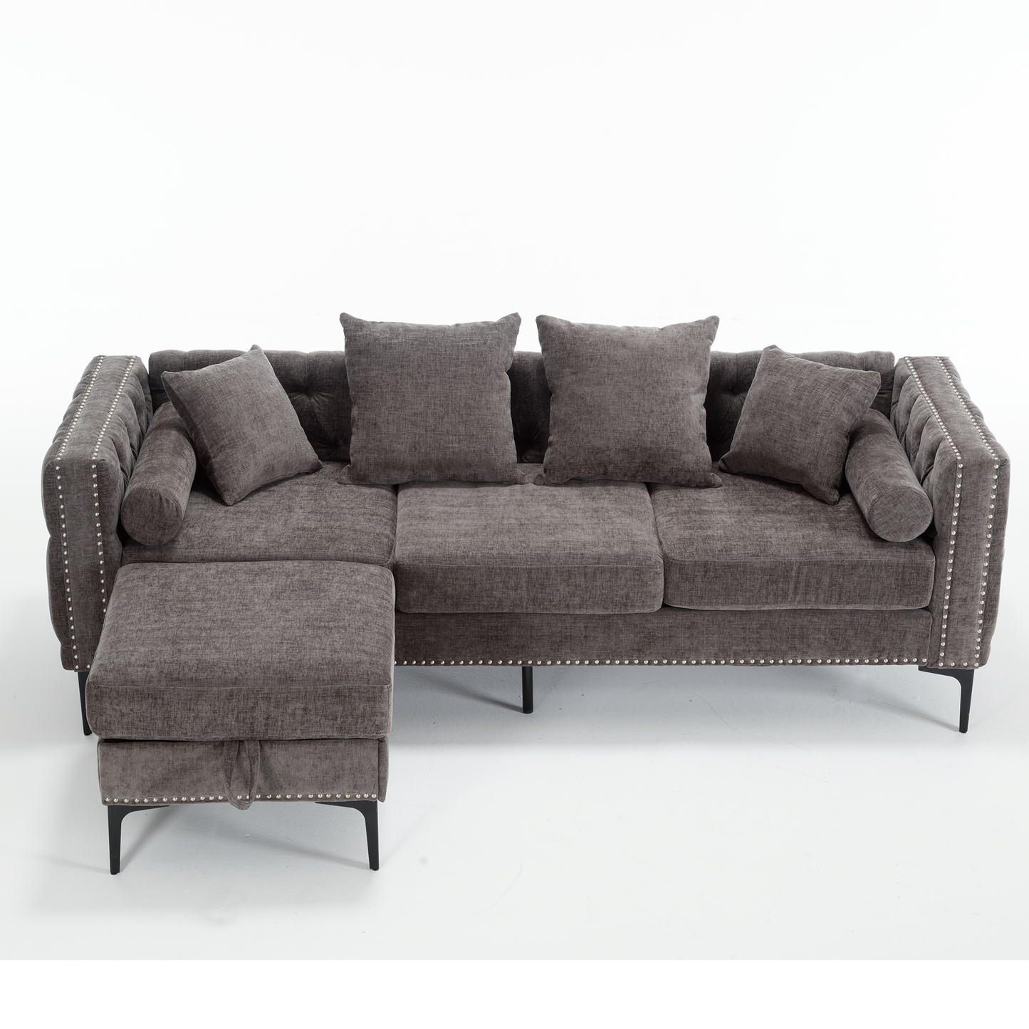 [NEW ARRIVED] [VIDEO PROVIDED]L Shaped Sectional Sofa , Convertible Storage Ottoman,Chenille ,Square Arm,  Modern Tufted Couch ,3 Seater, And Nailhead, Dark gray