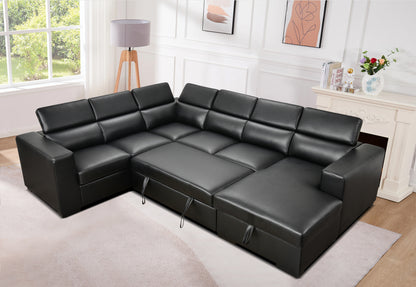 123" Modern U Shaped 7-seat Sectional Sofa Couch with Adjustable Headrest, Sofa Bed with Storage Chaise-Pull Out Couch Bed for Living Room ,Black