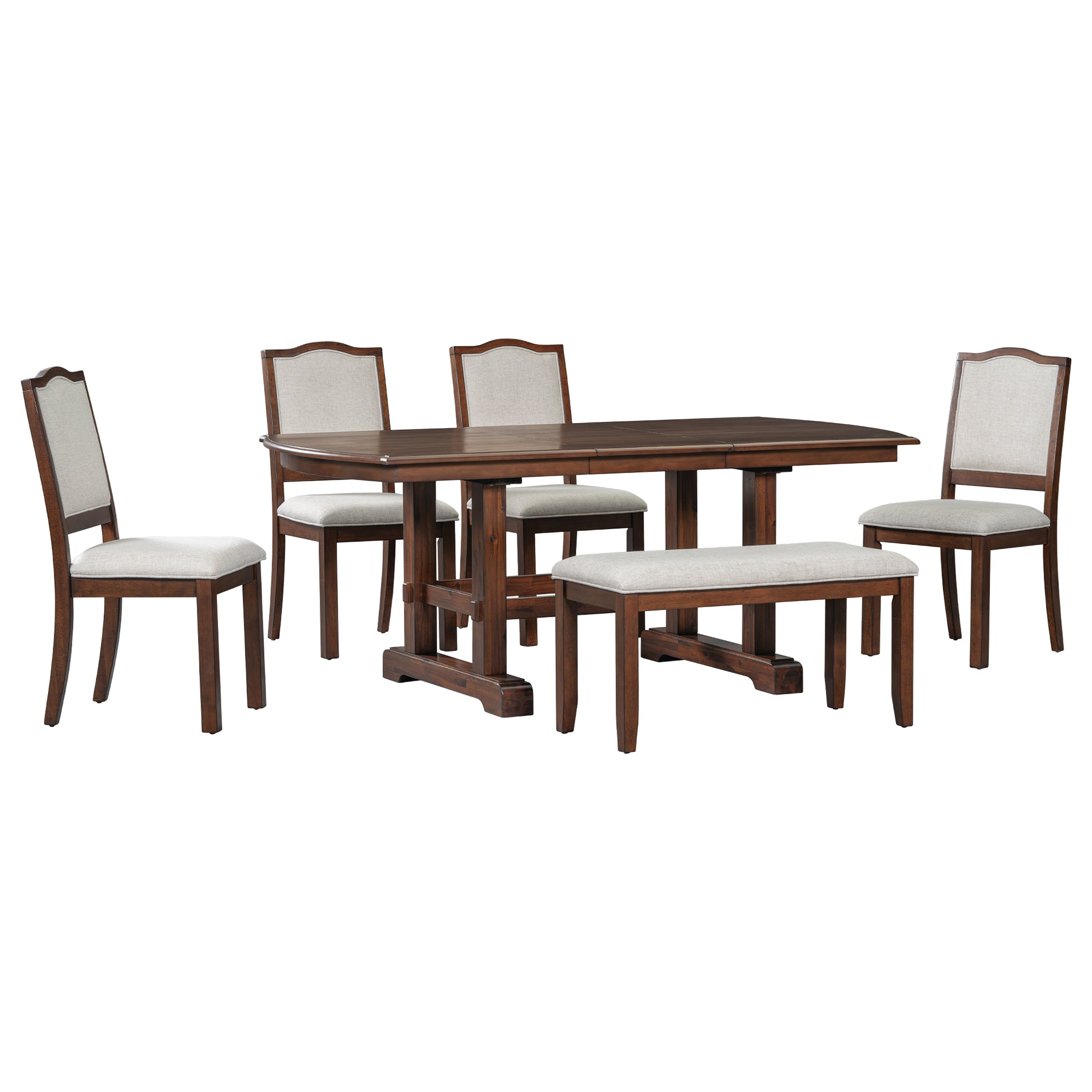 6-Piece Dining Table Set, 60inch to 78inch Extendable Wood Dining Table with Removable Leaf, Kitchen Table Set with 4 Upholstered Side Chair and Bench, Dining Table Set for 6 (Cherry)