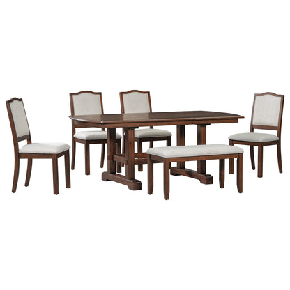 6-Piece Dining Table Set, 60inch to 78inch Extendable Wood Dining Table with Removable Leaf, Kitchen Table Set with 4 Upholstered Side Chair and Bench, Dining Table Set for 6 (Cherry)