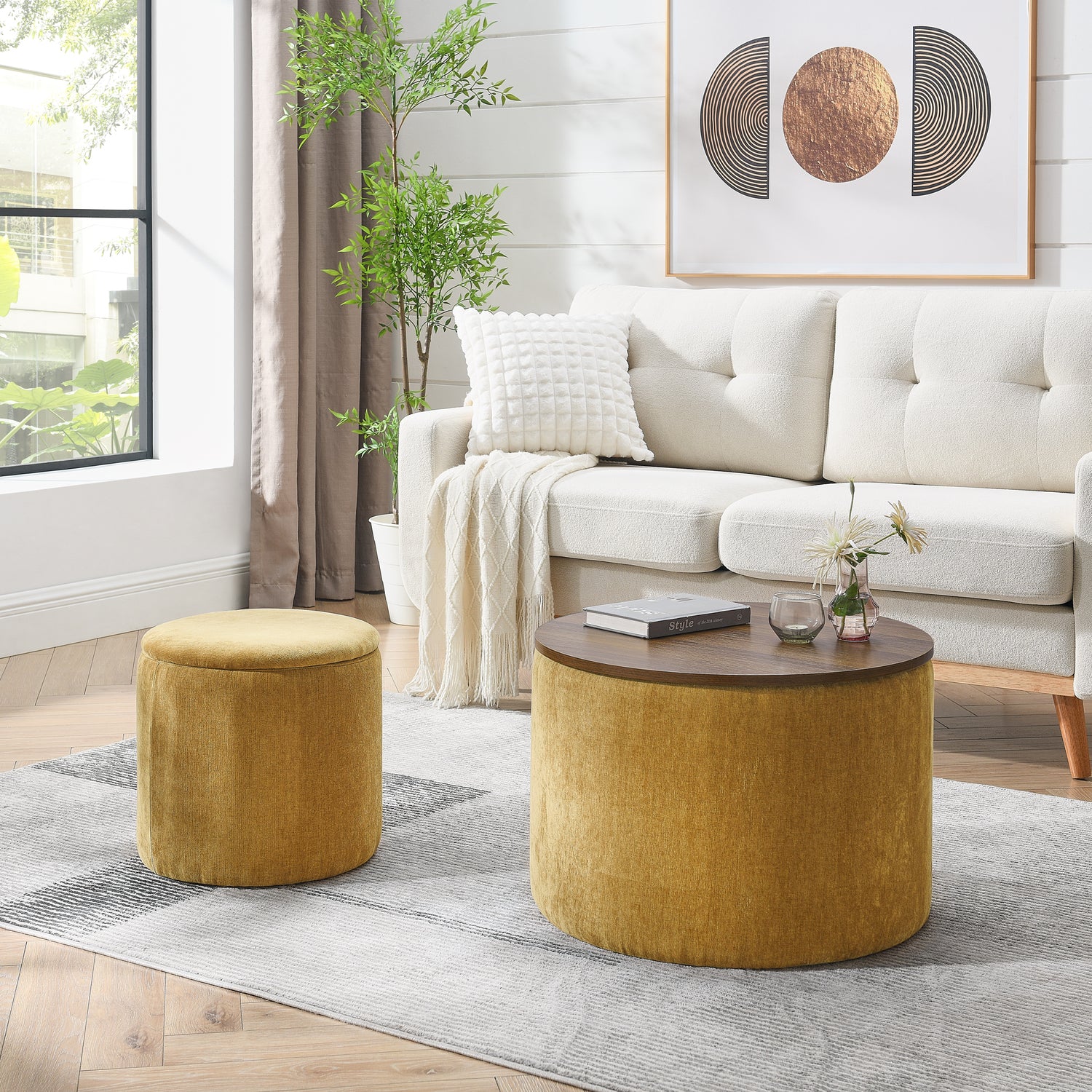 2-Piece Set Round Chenille Storage Ottoman, Equipped with a Drum Shaped Small Stool, Storage Space, and MDF Made Desktop Panel (Dark Yellow 23.62"x23.62"x16.53")