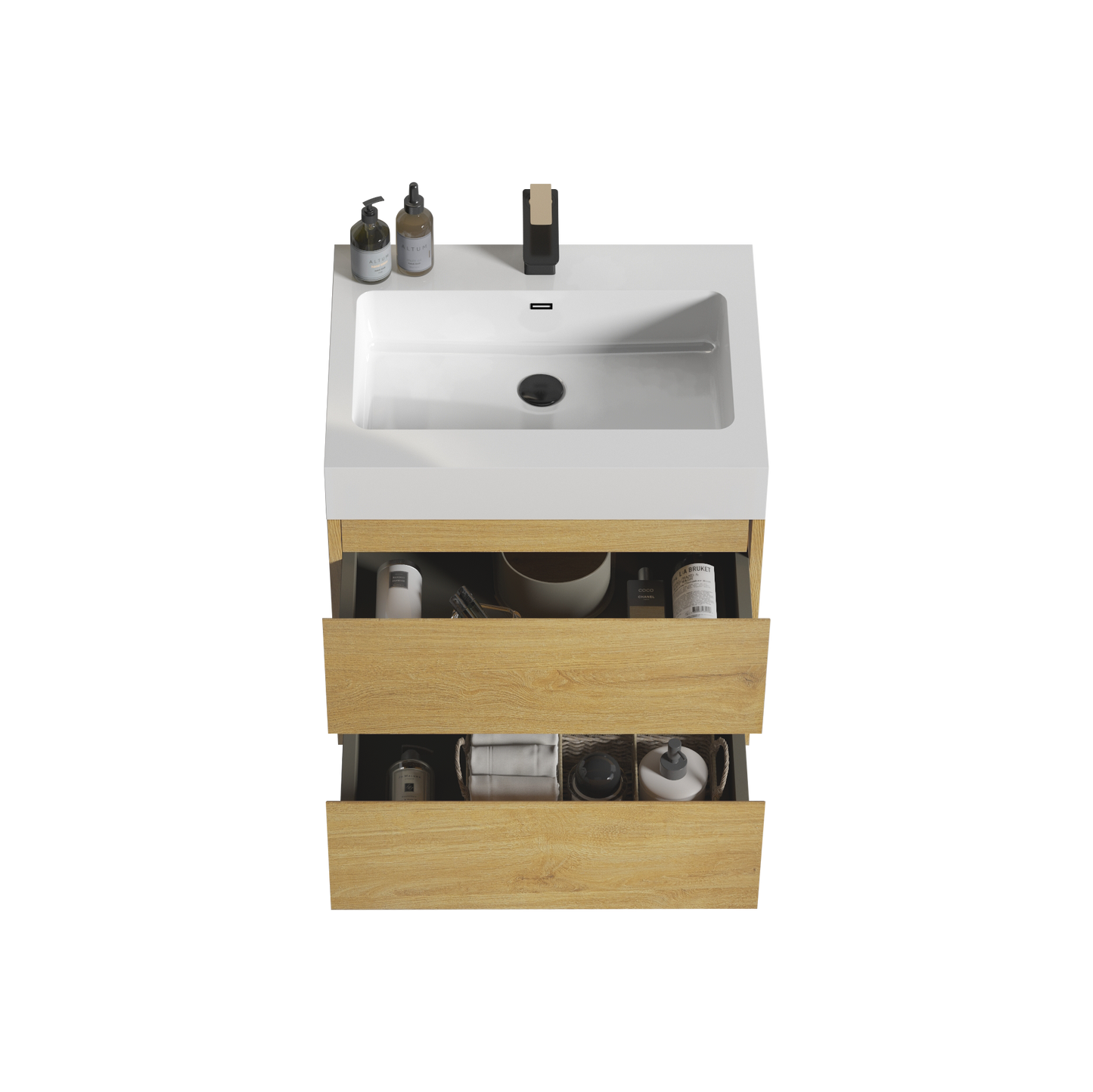 U040-Alice24-106 Alice 24" Natural Oak Bathroom Vanity with Sink, Large Storage Wall Mounted Floating Bathroom Vanity for Modern Bathroom, One-Piece Glossy White Sink Basin without Drain and Fauce