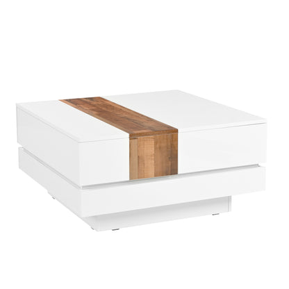 ON-TREND 31.4'' x 31.4'' Square Coffee Table with Sliding Tabletop, High Gloss Center Table with Hidden Storage Compartment, Extendable Cocktail Table with Walnut  Grain Finish for Living Room, White