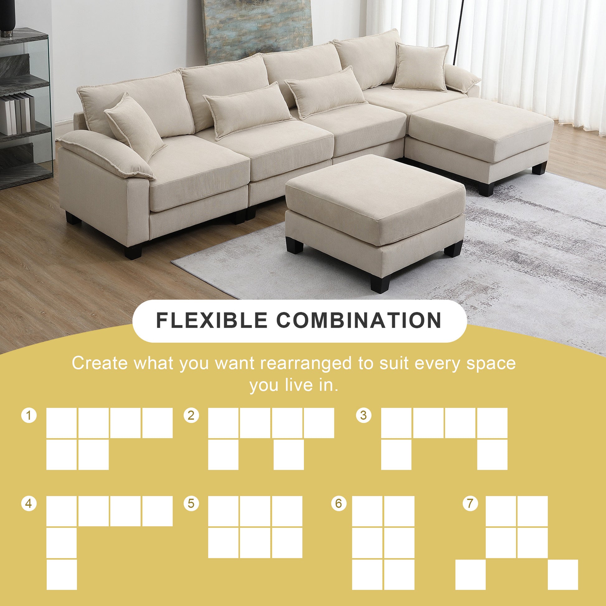 [VIDEO provided] [New] 133*65" Corduroy Modular Sectional Sofa,U Shaped Couch with Armrest Bags,6 Seat Freely Combinable Sofa Bed,Comfortable and Spacious Indoor Furniture for Living Room, 2 Colors