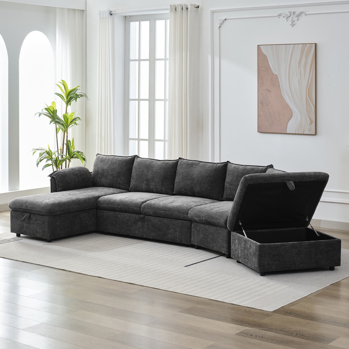 146.9" L-shaped Sofa Sectional Sofa Couch Pull-out Sofa Bed with a Movable Storage Ottoman, a Storage Chaise Lounge and Two USB Ports for Living Room, Grey