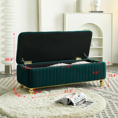 47.24''W Storage Ottoman,Upholstered Velvet Fabric Storage Ottoman with Safety Hinge, gold decoration strip and gold embroidery Footstool, Ottoman Bench for Living Room & Bedroom,Green Color