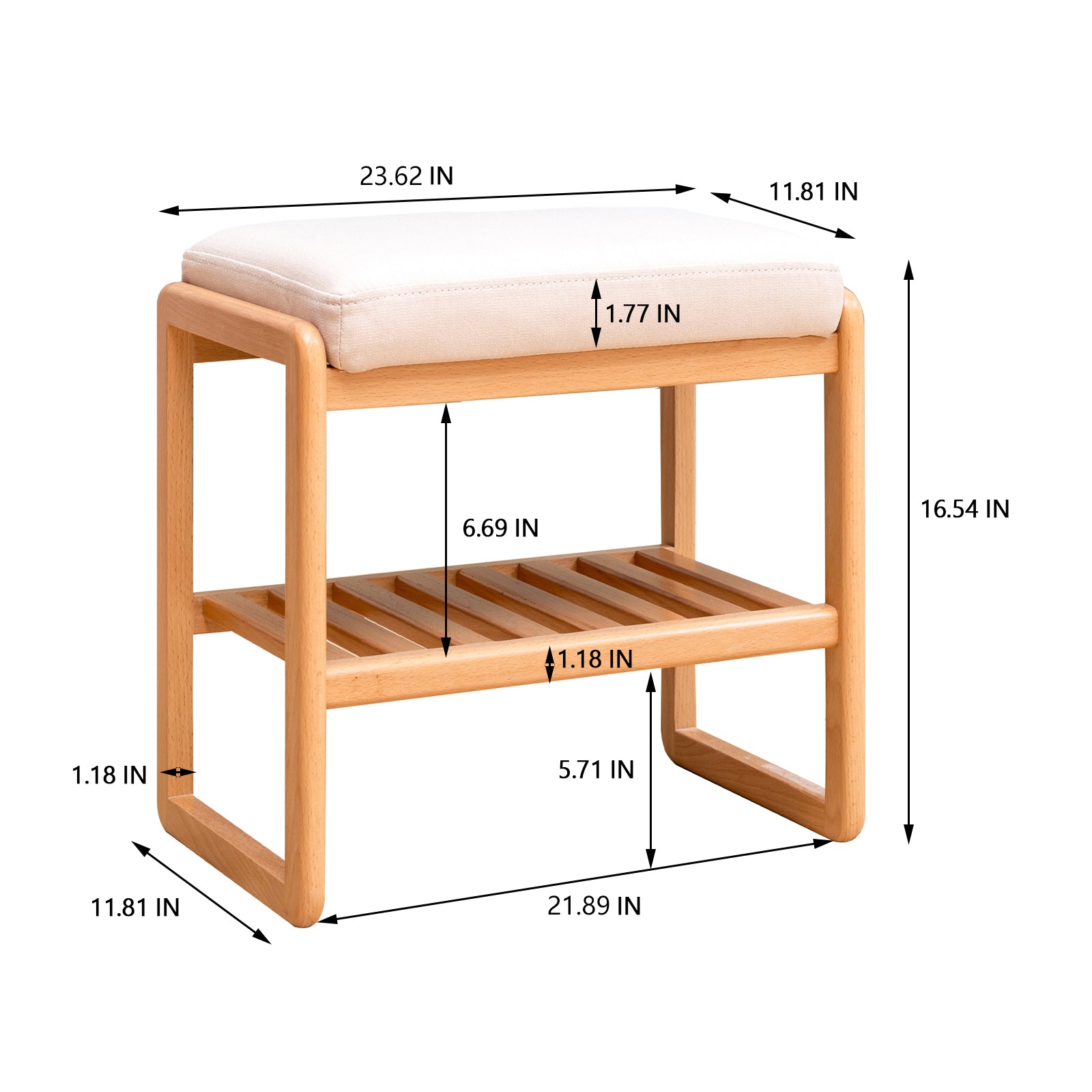 Natural Solid Wood Shoe Bench, Beech Wood Storage Rack Organizer with High Rebound Sponge Cushion