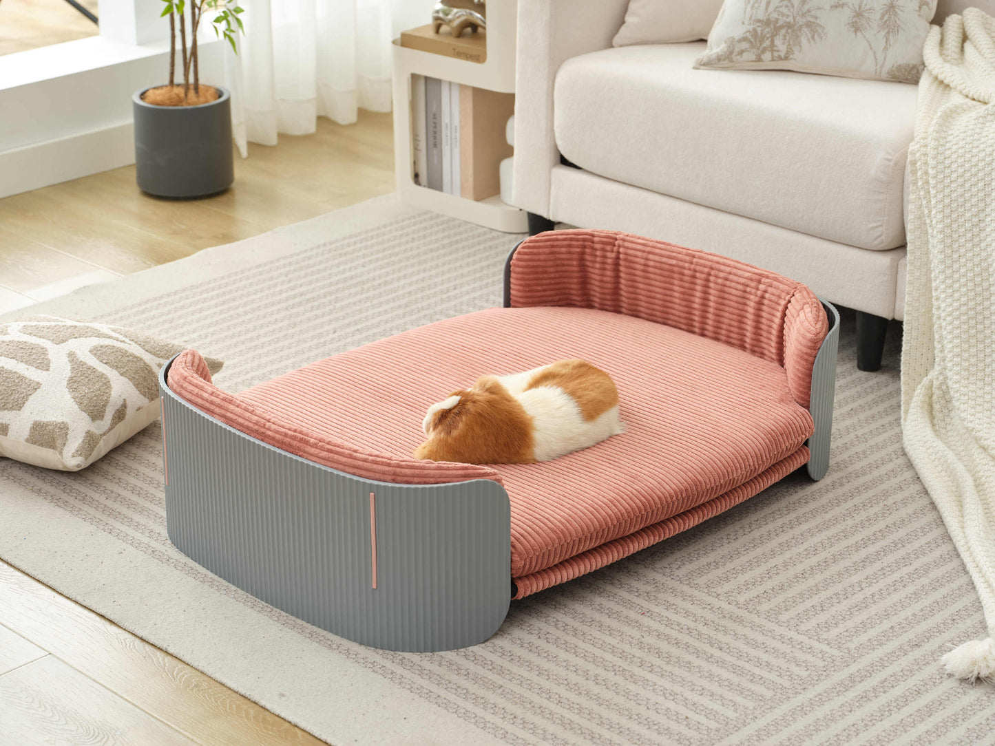 Scandinavian style Cat Couch Bed, Pet Sofa for Indoor Cats PP Indoor Pet Furniture Elevated Cat Beds with Removable Mattress Cover Suitable for Mid or Large  Animal Brand Design Grey+Pink