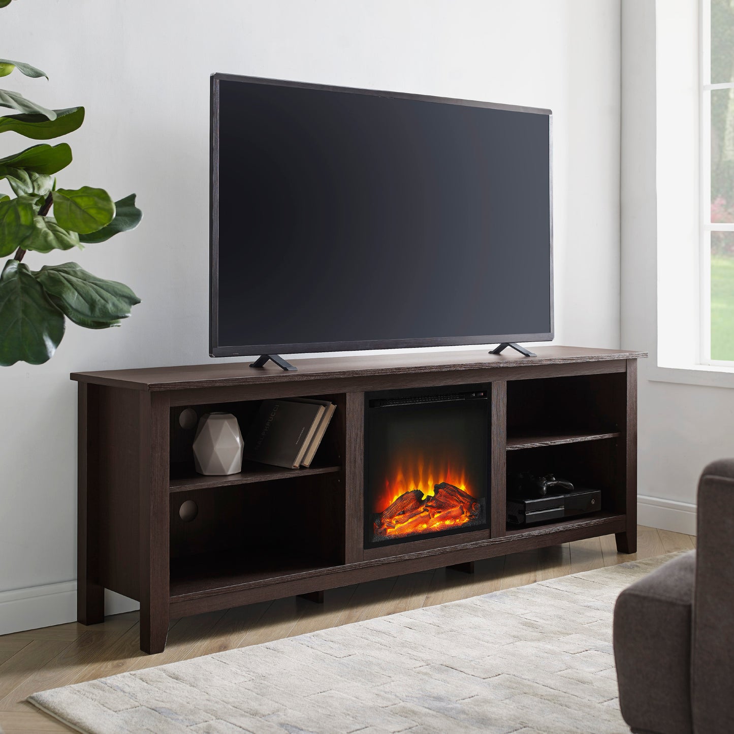 Modern Transitional Wood 70" Fireplace TV Stand for 80" TVs with 2 Shelves - Espresso