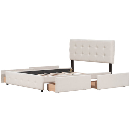 Upholstered Platform Bed with Classic Headboard and 4 Drawers, No Box Spring Needed, Linen Fabric, Queen Size Beige(OLD SKU :LP000114AAA)