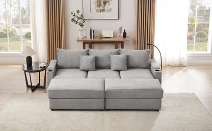 95.3" Modern Style 3-Seater Sofa Sectional Sofa Couch with Storage Space, Two Movable Ottomans, Two USB Ports, Two Cup Holders, A Phone Holder for Living Room, Grey