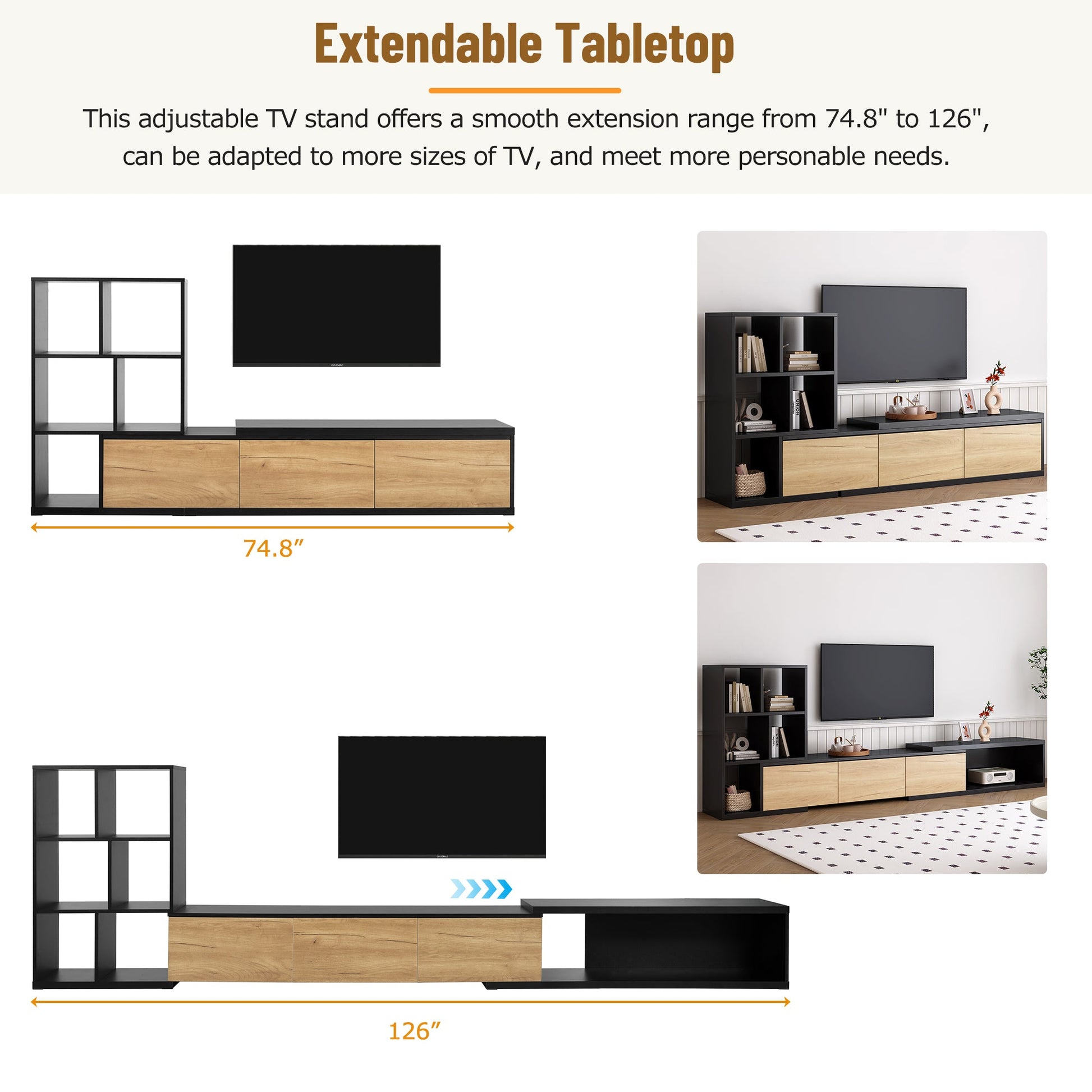 ON-TREND Extendable TV Stand and Coffee Table Set with 3 Tier Bookshelves for Living Room