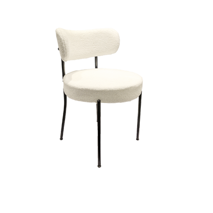 White Dining Chairs Set of 2, Mid-Century Modern Dining Chairs, Kitchen Dining Room Chairs, Curved Backrest Round Upholstered Boucle Dining Chair with Black Metal Legs