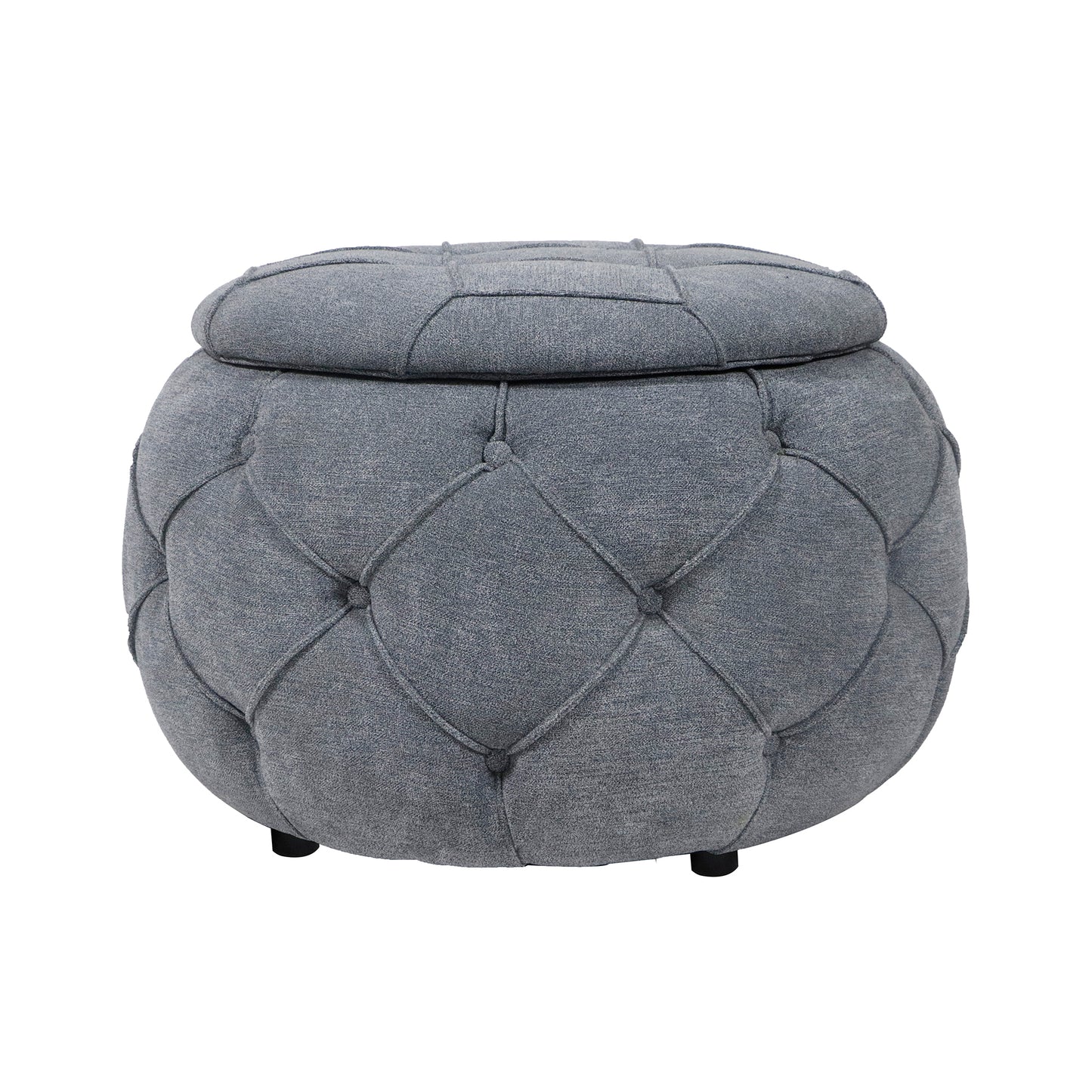 Large Button Tufted Woven Round Storage Ottoman  for Living Room & Bedroom,17.7"H Burlap Grey