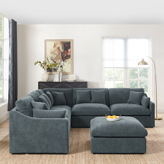 6-Seats Modular L-Shaped Sectional Sofa with Ottoman,10 Pillows, Oversized Upholstered Couch w/Removabled Down-Filled Seat Cushion  for Living Room, Chenille Grey