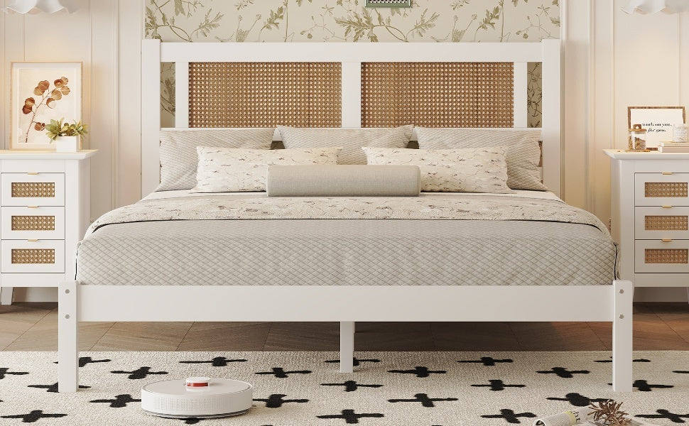 Queen Size Wood Platform Bed with Natural Rattan Headboard,Exquisite Elegance with Minimalist Charm for Bedroom,White