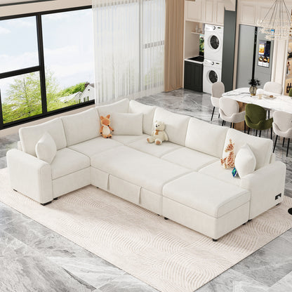 112.2" Sectional Sofa Pull-out Sofa Bed Sleeper with a Storage Ottoman,Three Pillows and Charging Devices for Living Room, Cream