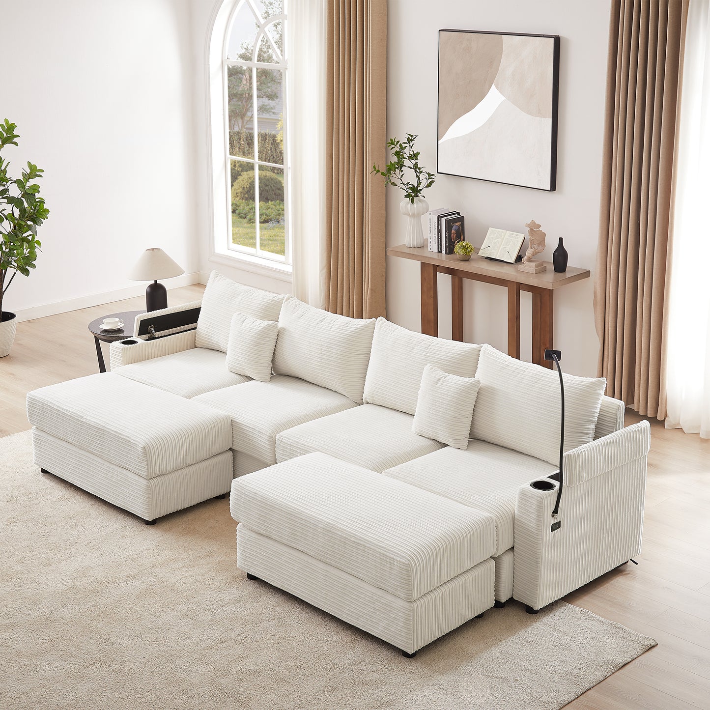 123.2" Modern Style 4-seater Sofa Sectional Sofa Couch with Storage Space, Two Movable Ottomans, Two USB Ports, Two Cup Holders, A Phone Holder for Living Room, Beige