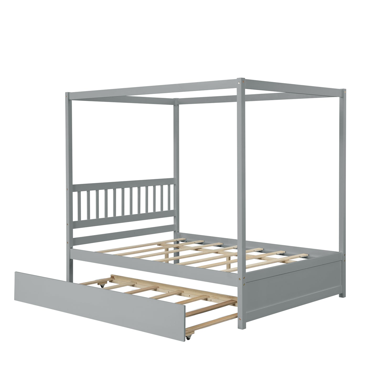 Full Size Canopy Bed with Twin Trundle, Kids Solid Wood Platform Bed Frame w/ Headboard, No Box Spring Needed Grey Color