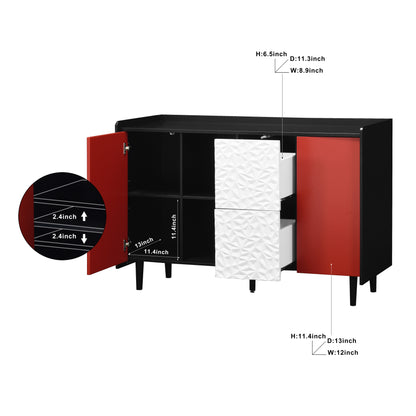 Sideboard Buffet Cabinet, Black Storage Cabinet with Red Doors , 2 Drawers with unique panel styling and 2 Open Storage Compartment, Modern Coffee Bar Cabinet Accent Cabinet for Kitchen, Dining Room,