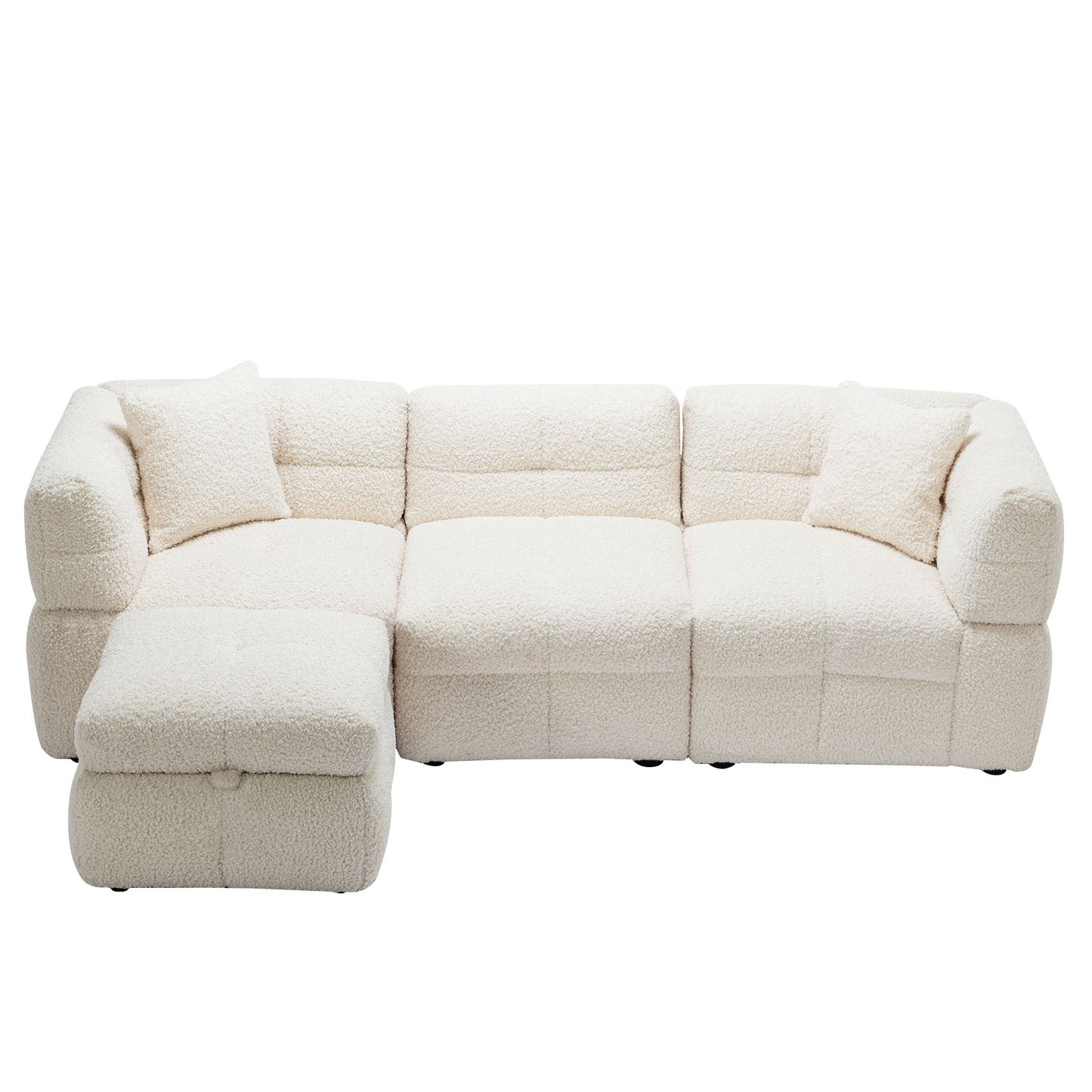 87.7" Sectional Sofa Cozy Teddy Fleece Fabric Sectional Sofa Couch with Two USB Ports a Movable Storage Ottoman and Two Lumbar Pillows for Living Room, Creamy White