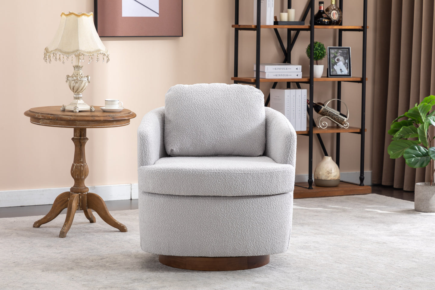 035-Boucle Fabric Swivel Accent Chair With Soild Wood Round Brown Base Leg,Light Gray