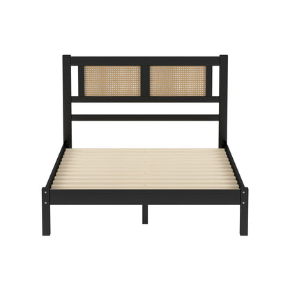 Full Size Wooden Platform Bed with Natural Rattan Headboard, Exquisite Elegance with Minimalist Charm for Bedroom, Black