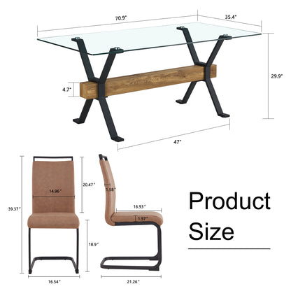 Dining table. Modern tempered glass dining table. Large modern office desk with black metal legs and MDF crossbars, suitable for home and office use. 4 high-end cushioned seats.F1105  C-1162