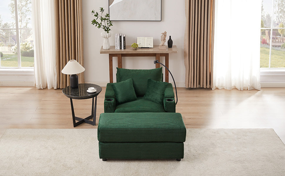 41.7" Modern Style Single Sofa Sofa Couch with Storage Space, A Movable Ottoman, Two USB Ports, Two Cup Holders, A Phone Holder for Living Room, Green