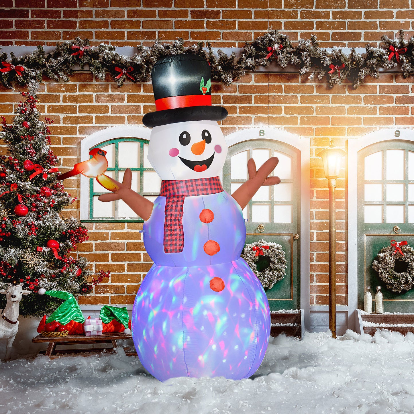 Outsunny 7.9' Christmas Inflatables Snowman with Branch Hands, Blow-Up Outdoor Christmas Decorations with Rotating Colorful LED Light for Lawn Garden Party